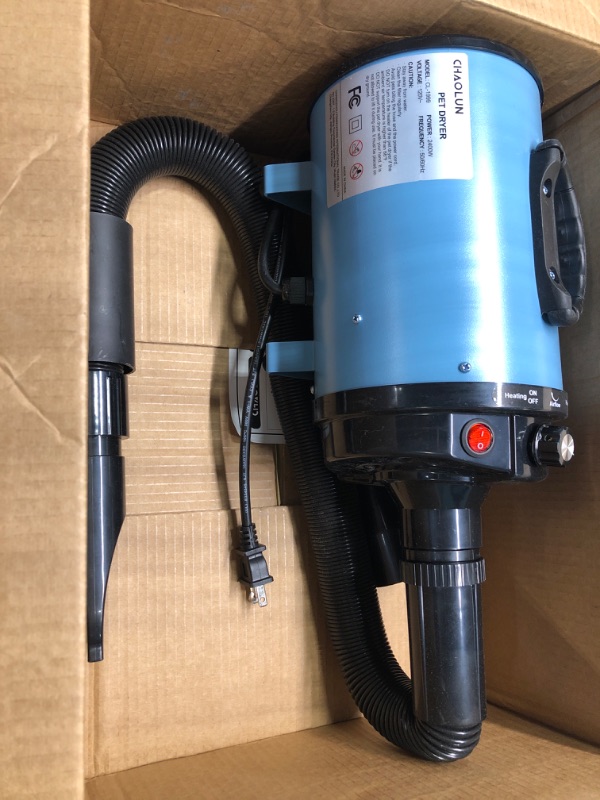 Photo 1 of CHAOLUN Dog Dryer, Dog Blow Dryer, High Velocity Professional Pet Grooming Dryer, Dog Hair Dryer with Heater, Stepless Adjustable Speed, 3 Different Nozzles and a Comb, Blue