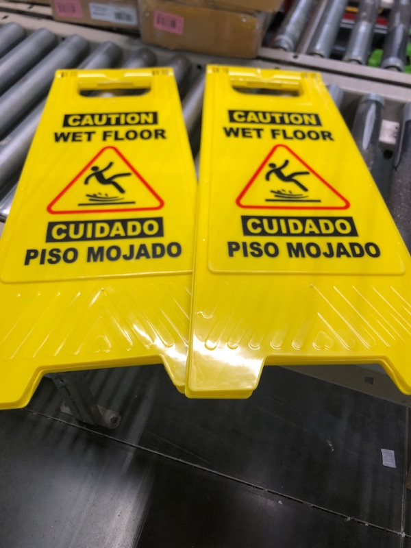 Photo 3 of CERLMLAND Caution Wet Floor Sign, Foldable Sturdy Bilingual Double-Sided Safety Warning Signs for Commercial Use, Pool (2-Pack Yellow) Yellow 2-Pack