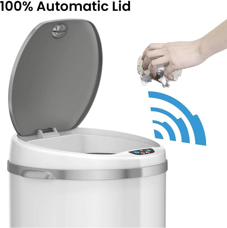 Photo 1 of 13 Gallon Touchless Sensor Trash Can with Odor Filter System, Round White Steel Garbage Bin, for Home, Kitchen, Pale White 13 Gal