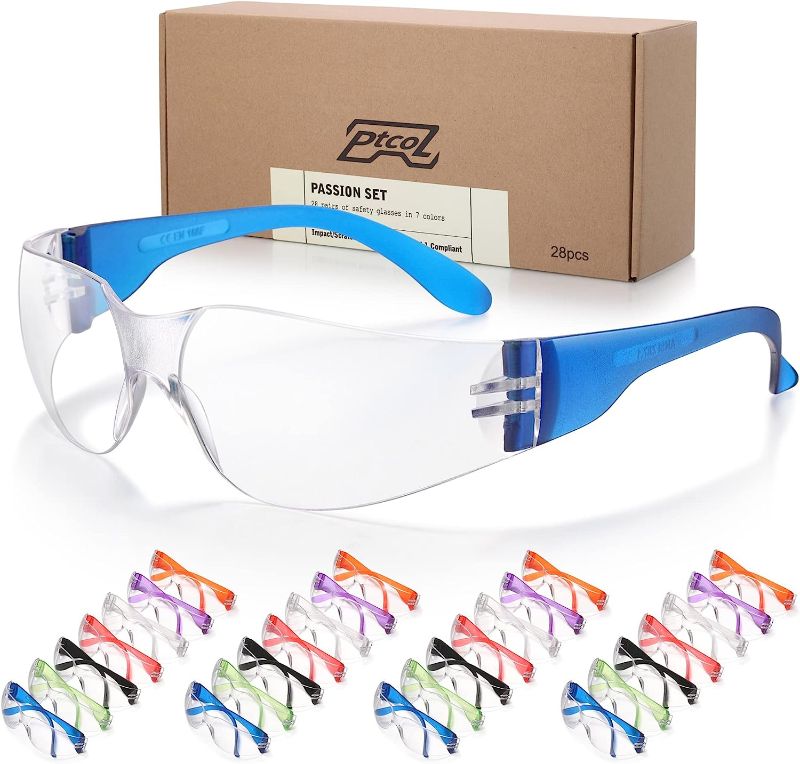 Photo 1 of 28 Pack Safety Glasses in 7 Colors (Bulk Pack of 24+4) Unisex Clear Anti-Scratch Protective Goggles Impact Resistant Lens Eyewear with ANSI Z87.1 EN166 Certified Perfect for Construction, Shooting and Laboratory