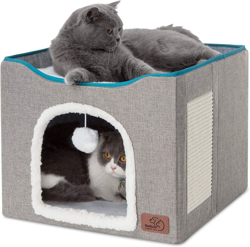 Photo 1 of Bedsure Cat Beds for Indoor Cats - Large Cat Cave for Pet Cat House with Fluffy Ball Hanging and Scratch Pad, Foldable Cat Hideaway,16.5x16.5x13 inches, Grey