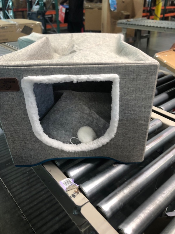 Photo 2 of Bedsure Cat Beds for Indoor Cats - Large Cat Cave for Pet Cat House with Fluffy Ball Hanging and Scratch Pad, Foldable Cat Hideaway,16.5x16.5x13 inches, Grey