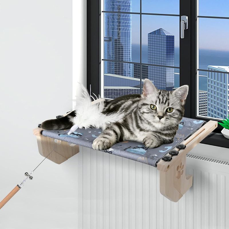 Photo 1 of Cat Window Perch - Cat Window Hammock,Wood and Metal Construction,No Suction Cups and Punching, Sturdy Hammock and Bed Mode, Extra Cat Feather Toy Suitable for Windows Bedside Cabinets Floor?Grey?