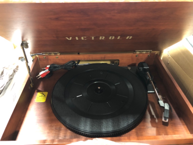 Photo 4 of ****CD portion broken; will not open******Victrola Nostalgic 6-in-1 Bluetooth Record Player & Multimedia Center with Built-in Speakers - 3-Speed Turntable, CD & Cassette Player, FM Radio | Wireless Music Streaming | Mahogany Mahogany Entertainment Center