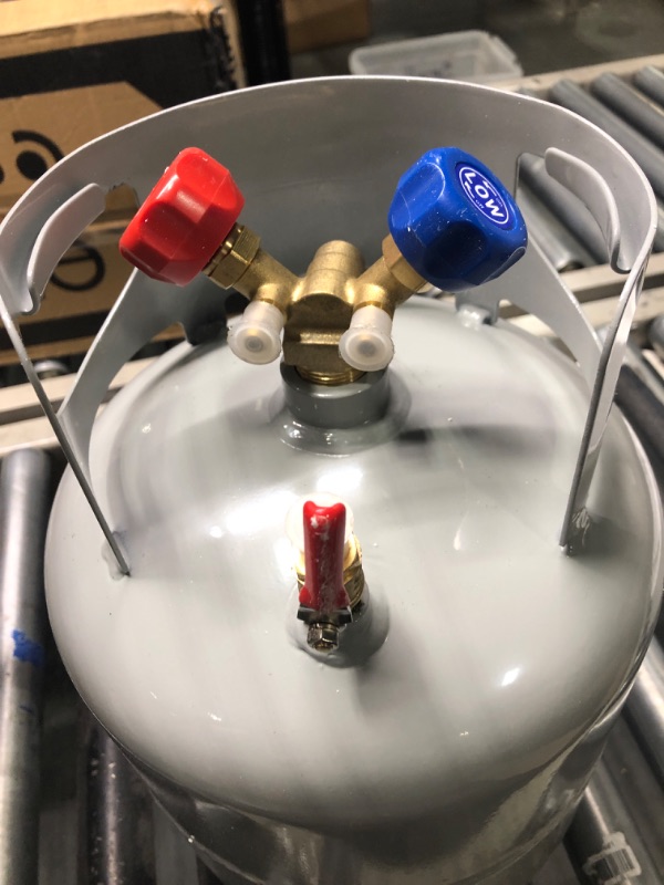 Photo 1 of GCCSJ Refrigerant Recovery Tank with Double Valve Collar Design Reusable Save Valve and 1/4 SAE Y Valve Gray Yellow 30 LB Capacity