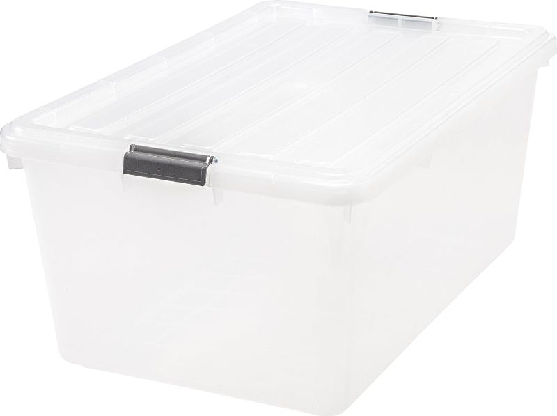 Photo 1 of 72 Qt. Large Storage Bin with Buckle Down Lid, 1-Pack, Sturdy and Versatile Organizer Utility Tote Container Box for Seasonal Clothes Blankets Decoration Long Term Storage, Clear
