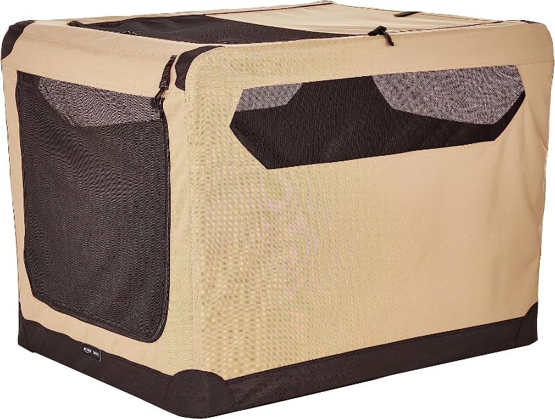 Photo 1 of Amazon Basics 2-Door Collapsible Soft-Sided Folding Travel Crate Dog Kennel, X-Large, 42 x 31 x 31 Inches, Tan