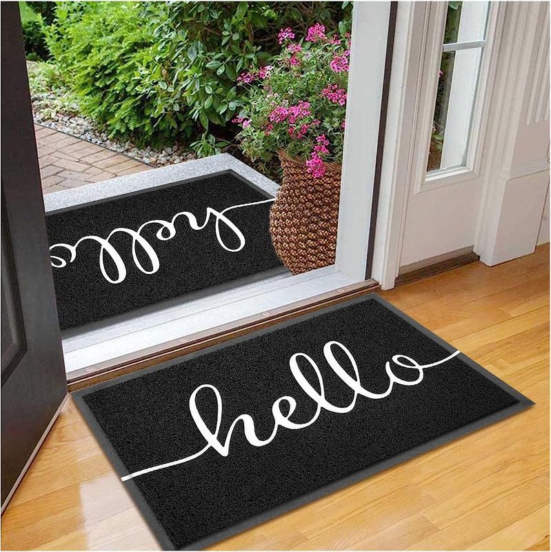 Photo 1 of EARTHALL Upgraded Door Mat 2-Pack Outdoor Indoor Hello Doormat 30"x17.5" Durable Floor Mat Non Slip Rug Ultra Absorb Mud Easy Clean Front Doormat for Garage, Entryway, Patio, High Traffic Areas, Black