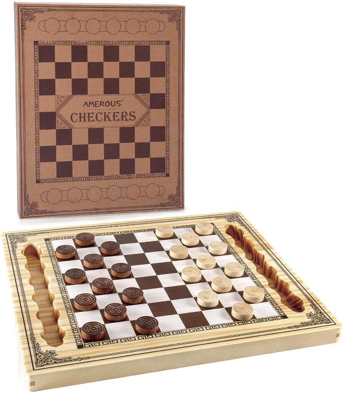 Photo 1 of AMEROUS Wooden Checkers Set, Checkers Board Game with Storage Grooves - 24 Checkers Pieces - Gift Box Packed, Classic Board Games for Kids, Adults, Great for Travel, Game Night, BBQ, Parties, Events