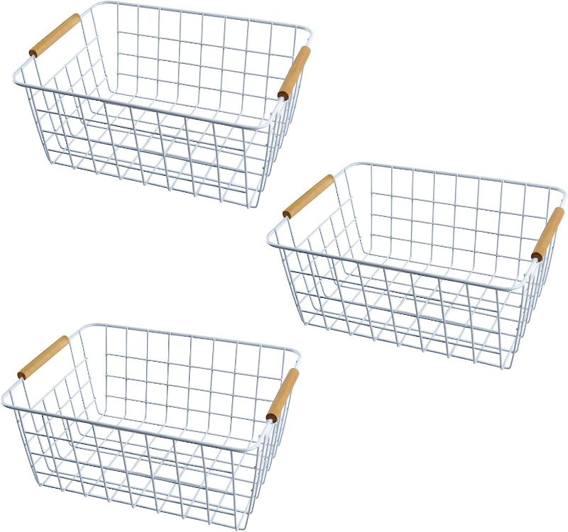 Photo 1 of 3 Pack Wire Storage Baskets, Storage Baskets Organizing Bins with Wood Handle for Pantry, Bathroom, Freezer