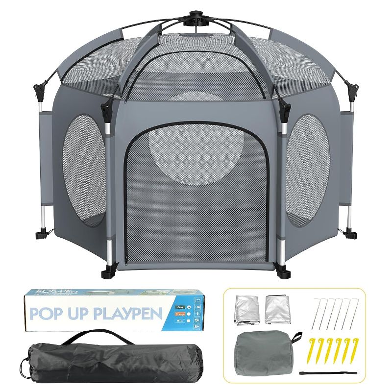 Photo 1 of Portable Playpen for Babies and Toddlers - PRObebi Pop Up Playpen for Baby with Three Sun-Shade, Lightweight Outdoor Play Yard - Beach Playpen with Travel Bag - for Home & Indoor Use - Grey A-Grey