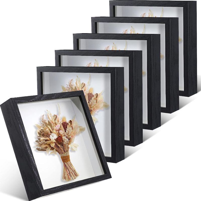 Photo 1 of 6 Pieces 8 x 8 Inches Shadow Box Frame Black Wood Shadow Boxes Display Cases, 1.2 Inch Interior Depth Shadow Box for Wall and Tabletop Display Ideal for Memorabilia, Pictures, Flowers, Medals, Tickets