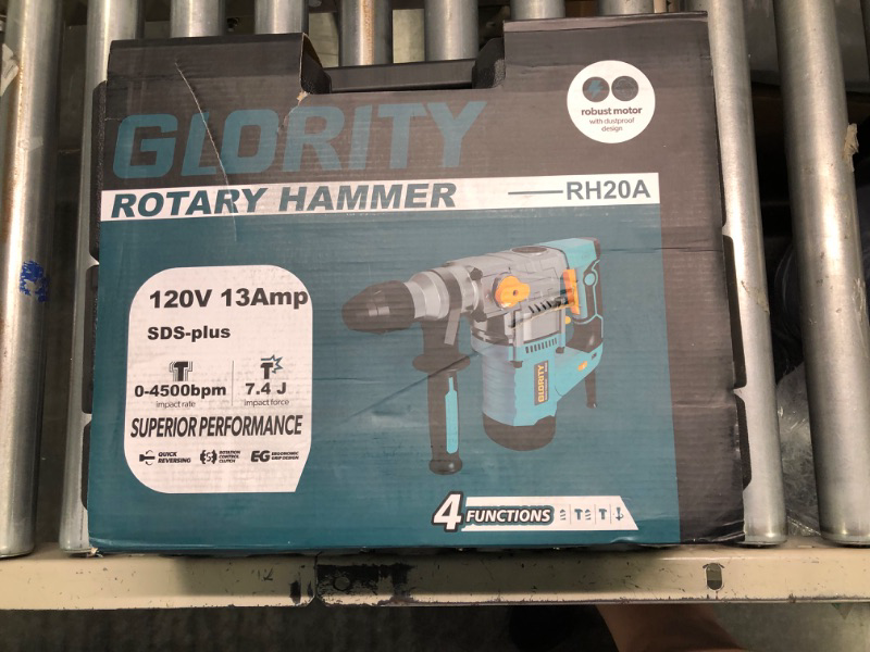 Photo 2 of GLORITY 1-1/4 Inch SDS-Plus 13 Amp Heavy Duty Rotary Hammer Drill with Aluminum Alloy Housing, Safety Clutch 4 Functions and Variable Speed, Including 5 Drill Bits, Flat Chisels, Point Chisels. RH20A