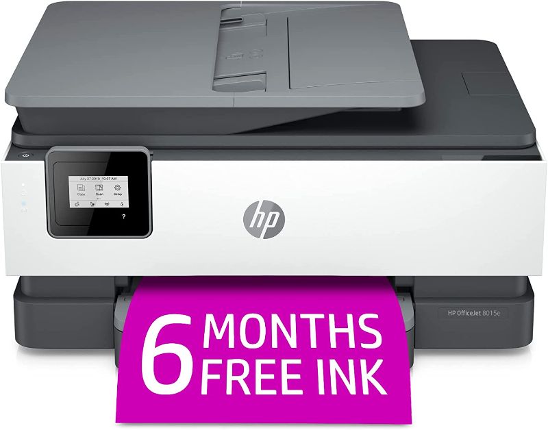 Photo 1 of HP OfficeJet 8015e Wireless Color All-in-One Printer with 6 Months Free Ink with HP+(228F5A), White
