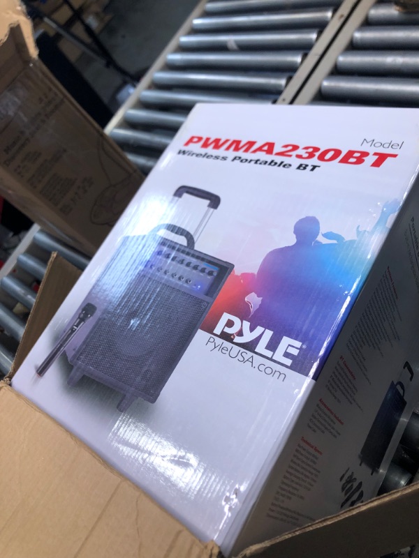 Photo 1 of Pyle Wireless Portable PA System-400W Bluetooth Compatible Rechargeable Battery Powered Outdoor Sound Stereo Speaker Microphone Set w/Handle, Wheels-1/4 to AUX, RCA Cable (PWMA230BT)