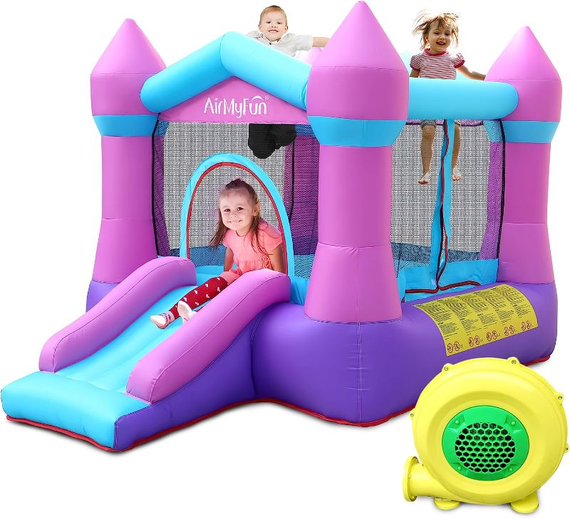 Photo 1 of AirMyFun Kids Bounce House with Blower, Inflatable Bouncy Jumping Castle with Slide, Indoor/Outdoor Pink Bouncer House with Double Sewn Beams, 82011B