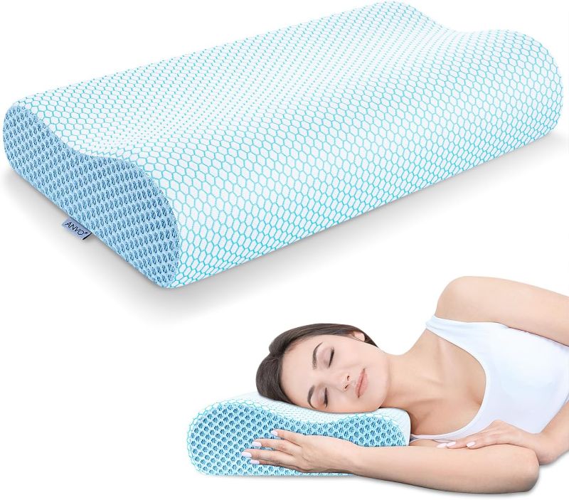 Photo 1 of Anvo Memory Foam Pillow, Neck Contour Cervical Orthopedic Pillow for Sleeping Side Back Stomach Sleeper, Ergonomic Bed Pillow for Neck Pain - Blue White, Firm