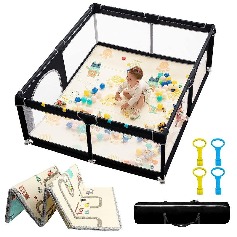 Photo 1 of Baby Playpen with Mat 71" X 59", Extra Large Play Yard for Babies and Toddlers with Mat, Safety Baby Fence, Indoor & Outdoor Kids Activity Play Center with Anti-Slip Suckers and Zipper Gate(Black)