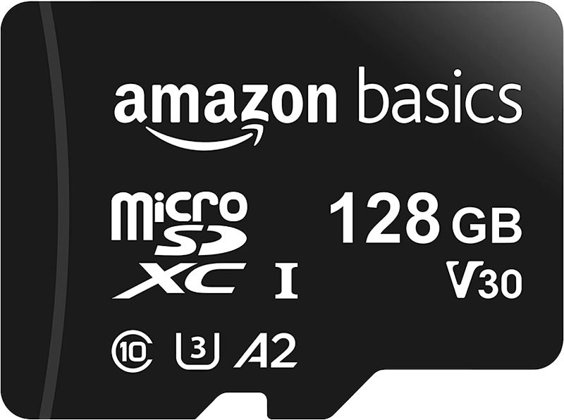 Photo 1 of Amazon Basics microSDXC Memory Card with Full Size Adapter, A2, U3, Read Speed up to 100 MB/s, 128 GB, Black
