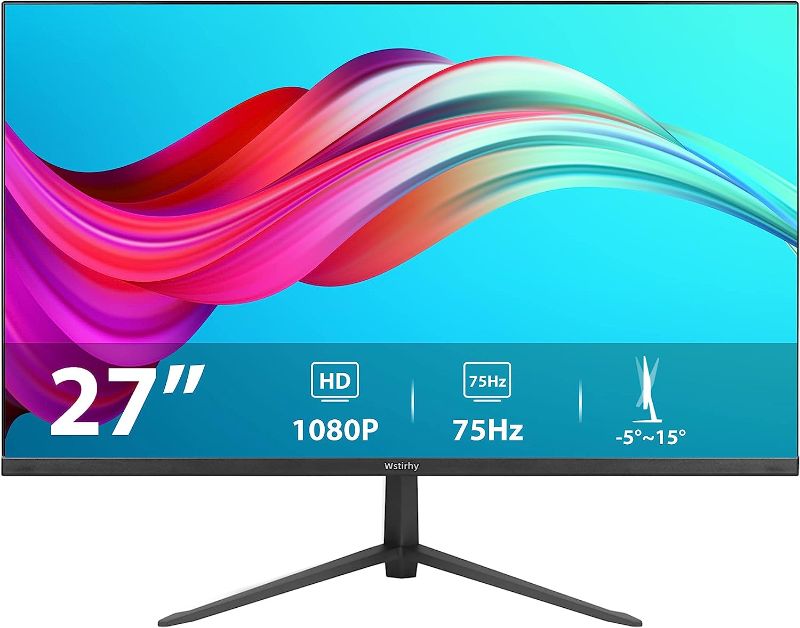 Photo 1 of Wstirhy 27 inch PC Monitor, LED Gaming Monitor with Full HD (1920 x 1080) 75Hz 5MS 75% sRGB IPS Panel, Zero Frame Monitor Desk Monitor with HDMI & VGA Port, for Laptop Computer, Black