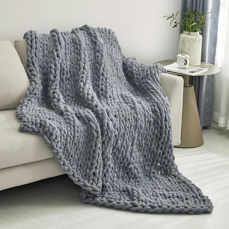 Photo 1 of Chunky Knit Throw Blanket, Luxury Soft Cozy Chenille Throw Blanket, Large Throw Bed Blanket for Couch, Sofa, Home Decor,Gift - Machine Washable (Dark Gray 40x48 in)