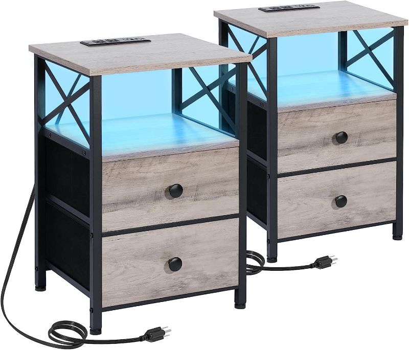 Photo 1 of AMHANCIBLE LED Nightstands Set of 2, End Tables Living Room with Fast Charging Station, Modern Side Table with USB C Port and Outlet, Black Night Stand with Drawers for Bedroom HET052LGY