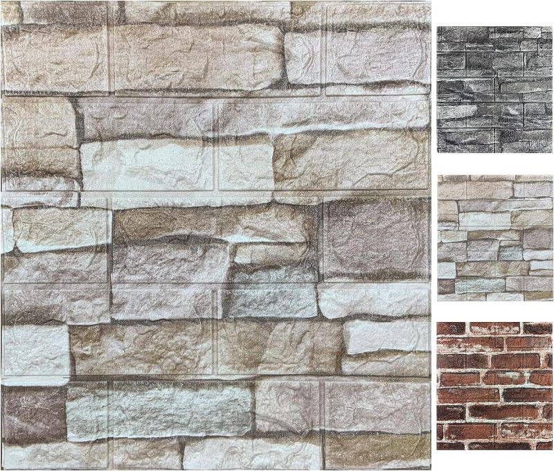 Photo 1 of 10PCS 3D Wall Panels Peel and Stick Foam 3D Brick Wallpaper Peel and Stick Faux Stone Wall Panel Self-Adhesive Wallpaper (10PCS, Rock Color) 10PCS Rock color