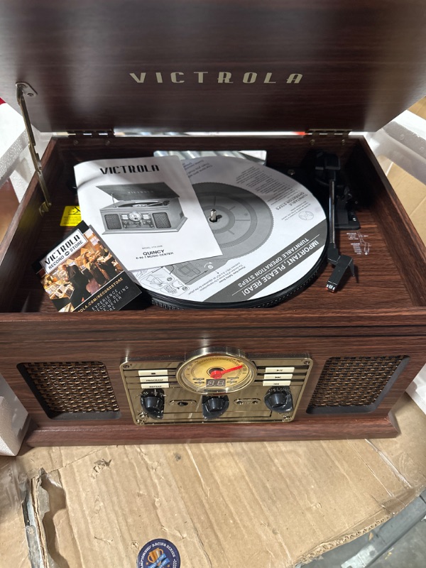 Photo 3 of Victrola Nostalgic 6-in-1 Bluetooth Record Player & Multimedia Center with Built-in Speakers - 3-Speed Turntable, CD & Cassette Player, AM/FM Radio | Wireless Music Streaming | Espresso Espresso Entertainment Center