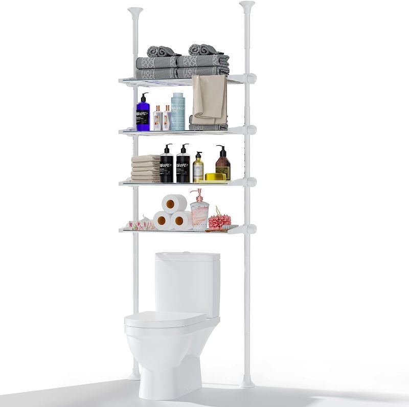 Photo 1 of ALLZONE Bathroom Organizer, Over The Toilet Storage, 4-Tier Adjustable Shelves for Small Room, Saver Space, 92 to 116 Inch Tall, White