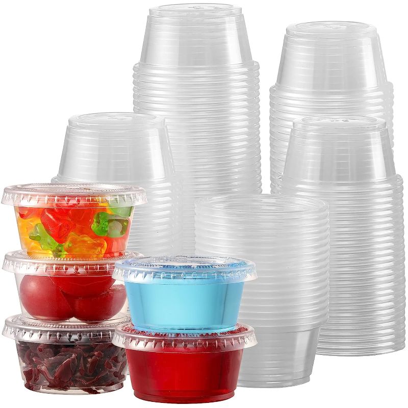 Photo 1 of [130 Sets - 2 Oz ] Jello Shot Cups, Small Plastic Containers with Lids, Airtight and Stackable Portion Cups, Salad Dressing Container, Dipping Sauce Cups, Condiment Cups for Lunch, Party to Go, Trips
