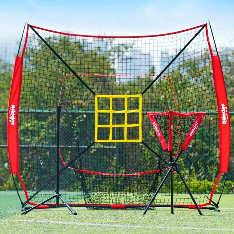 Photo 1 of Zupapa 7x7 Feet Baseball Softball Hitting Pitching Net Tee Caddy Set with Strike Zone, Baseball Backstop Practice Net for Pitching Batting Catching for All Skill Levels
