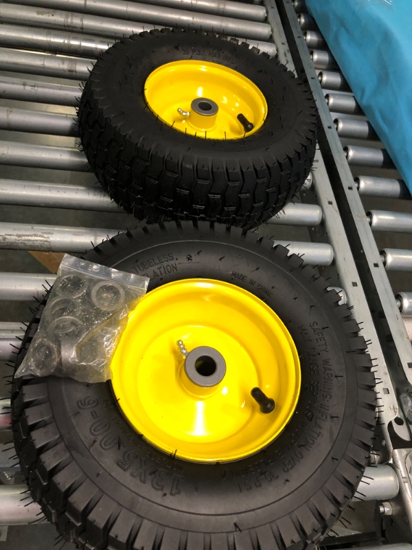 Photo 4 of (2 Pack) AR-PRO Exact Replacement 15" x 6.00-6" Front Tire and Wheel Assemblies for John Deere Riding Mowers - Compatible with John Deere 100 and D100 Series - 3” Centered Hub and 3/4” Bushings 15 x 6.00-6" Yellow