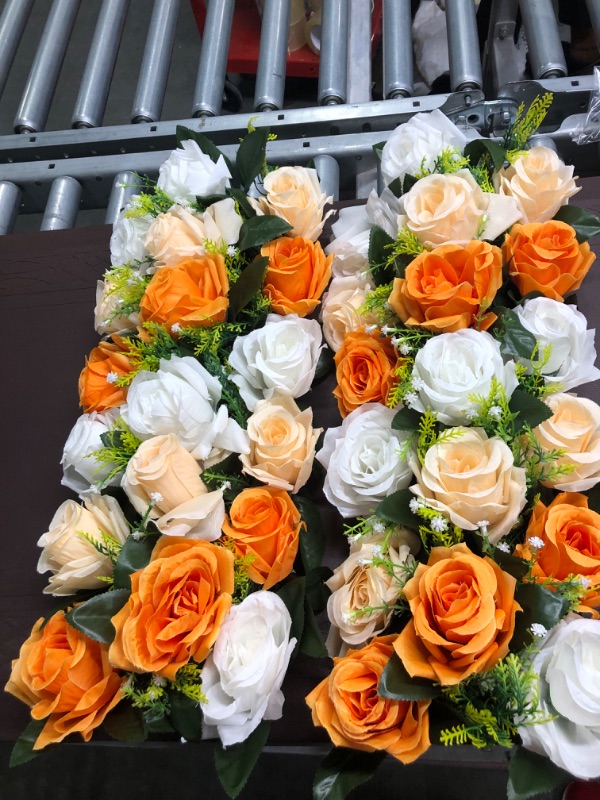 Photo 4 of BLOSMON Artificial Flowers Wedding Centerpieces Decorations Fake Flowers 2 Pcs Orange Silk Floral Arrangement Dinning Table Runner Centerpiece, Rose Flower for Room Reception Table Decor