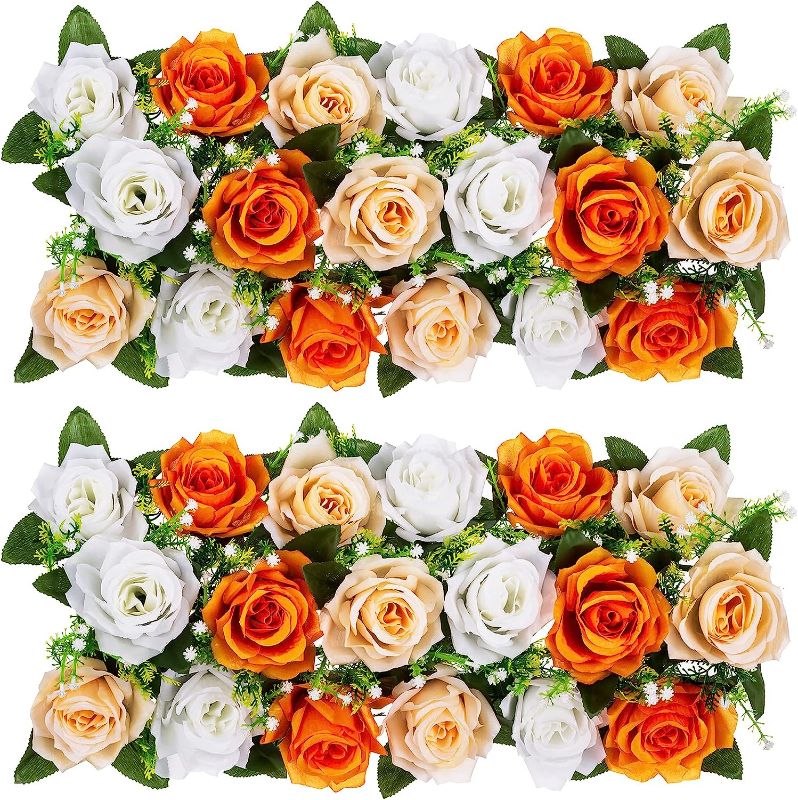 Photo 1 of BLOSMON Artificial Flowers Wedding Centerpieces Decorations Fake Flowers 2 Pcs Orange Silk Floral Arrangement Dinning Table Runner Centerpiece, Rose Flower for Room Reception Table Decor