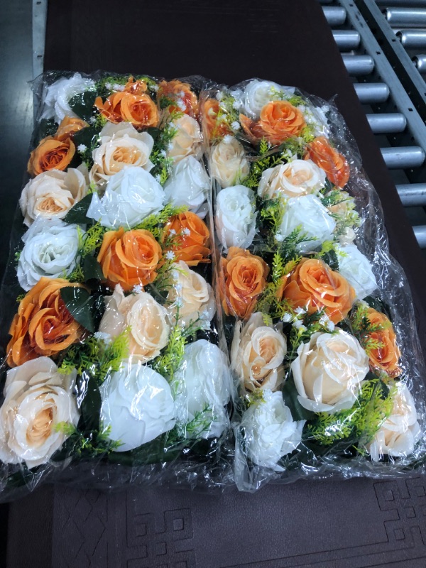 Photo 3 of BLOSMON Artificial Flowers Wedding Centerpieces Decorations Fake Flowers 2 Pcs Orange Silk Floral Arrangement Dinning Table Runner Centerpiece, Rose Flower for Room Reception Table Decor