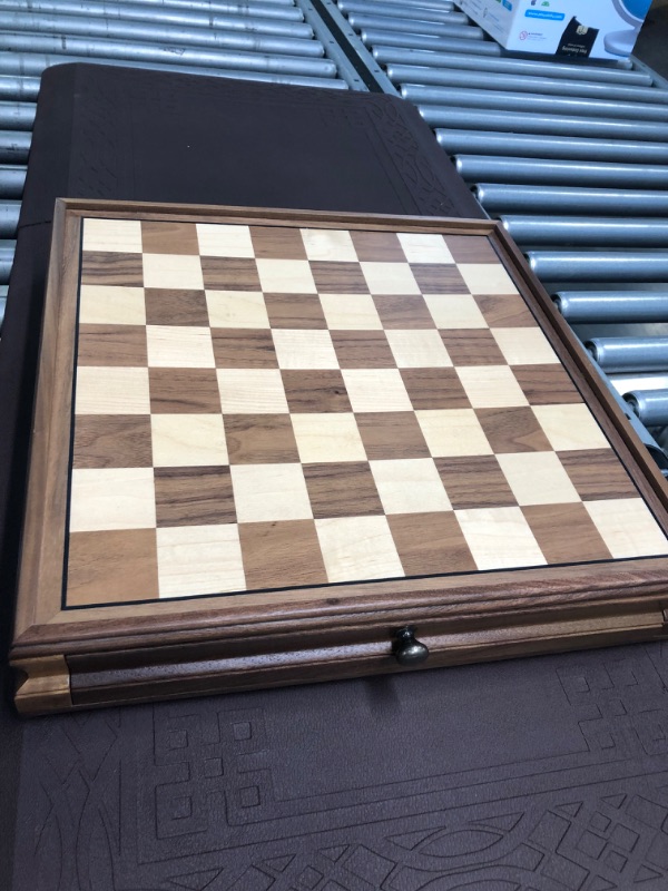 Photo 3 of A&A 15 inch Walnut Wooden Chess Sets w/ Storage Drawer / Triple Weighted Chess Pieces - 3.0 inch King Height/ Walnut Box w/Walnut & Maple Inlay / 2 Extra Queen / Classic 2 in 1 Board Games/ Chess Only Triple Weighted Pieces w/ Walnut Box