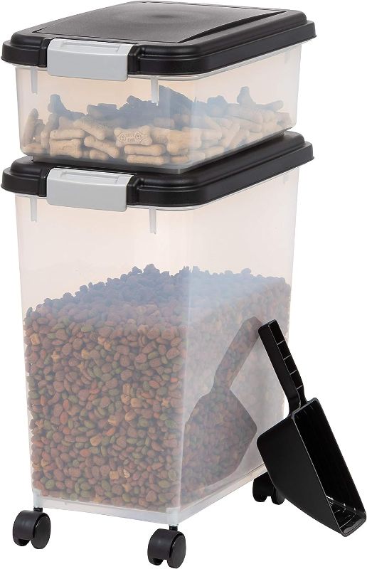 Photo 1 of 
IRIS USA 3-Piece 35 Lbs / 45 Qt WeatherPro Airtight Pet Food Storage Container Combo with Scoop and Treat Box for Dog Cat and Bird Food, Keep Pests Out, Translucent Body, Easy Mobility, Black
