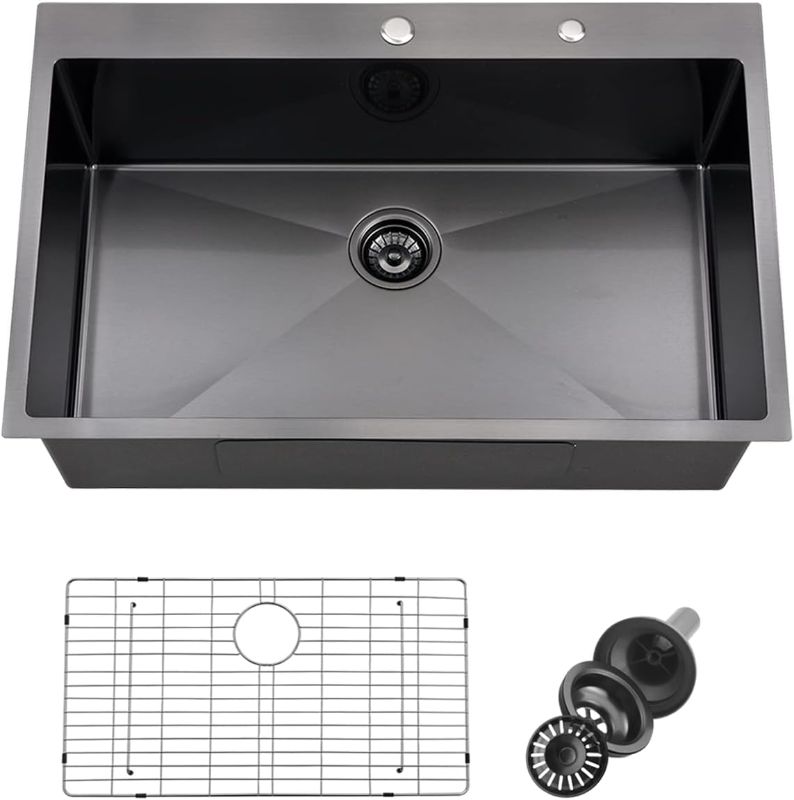 Photo 1 of 33 Inch Drop In Black Kitchen Sink, Doirteal 33 X 22 X 10 Inch 16 Gauge Matte Black Stainless Steel Topmount Kitchen Sinks With Bottom Grid BL10S

