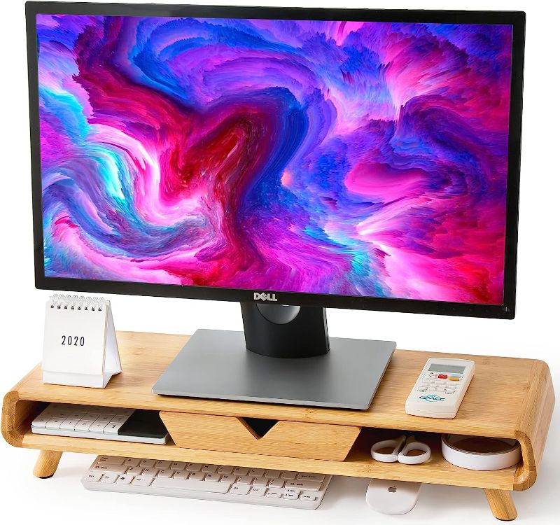 Photo 1 of Homerays Bamboo Monitor Stand Riser, No Assembly Required Exquisite Monitor Stand with Drawer, Ergonomic Height Wood Monitor Stand
