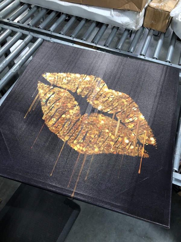 Photo 3 of 7CANVAS Black and Gold Canvas Wall Art Ornate Lips Print on Canvas Fashion Poster for Bedroom Wall Decor Framed Ready to Hang 32x32Inch 32.00" x 32.00" Golden Sexy Lips