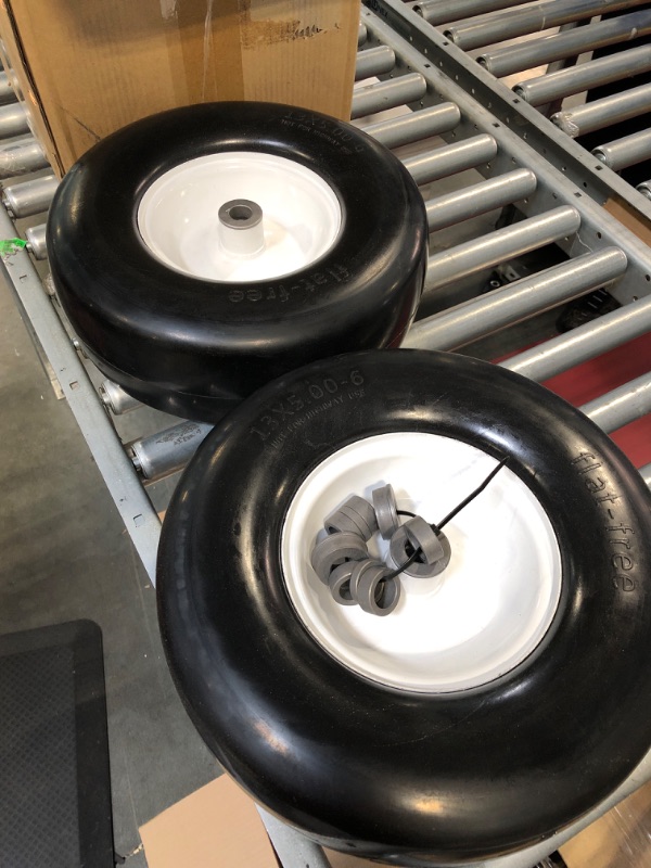 Photo 3 of 13x5.00-6" Flat Free Lawn Mower Tire, Zero Turn Mower Front Tire,Lawn Garden Turf Solid Tire and Wheel Assembly with Steel Rim, 3/4" Grease Bushing and 3.25"-5.9" Centered Hub, 1 pack