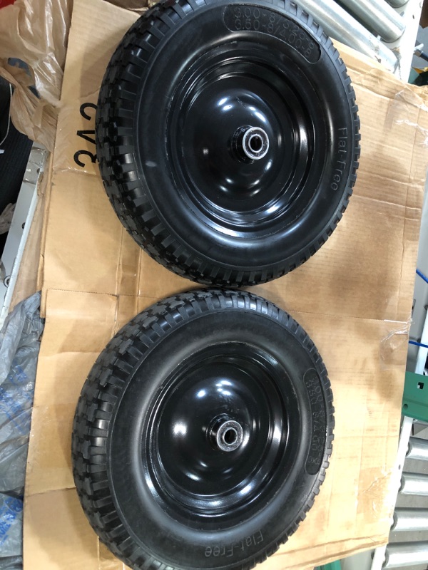 Photo 2 of (USED) 2 Pack 13” Flat Free Wheelbarrow Tires for Gorilla Carts - (5/8" Bearings,Offset Hub 2.1")-