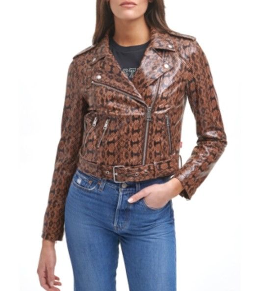 Photo 1 of Faux Leather Belted Motorcycle Jacket In Natural Snake Size 2x