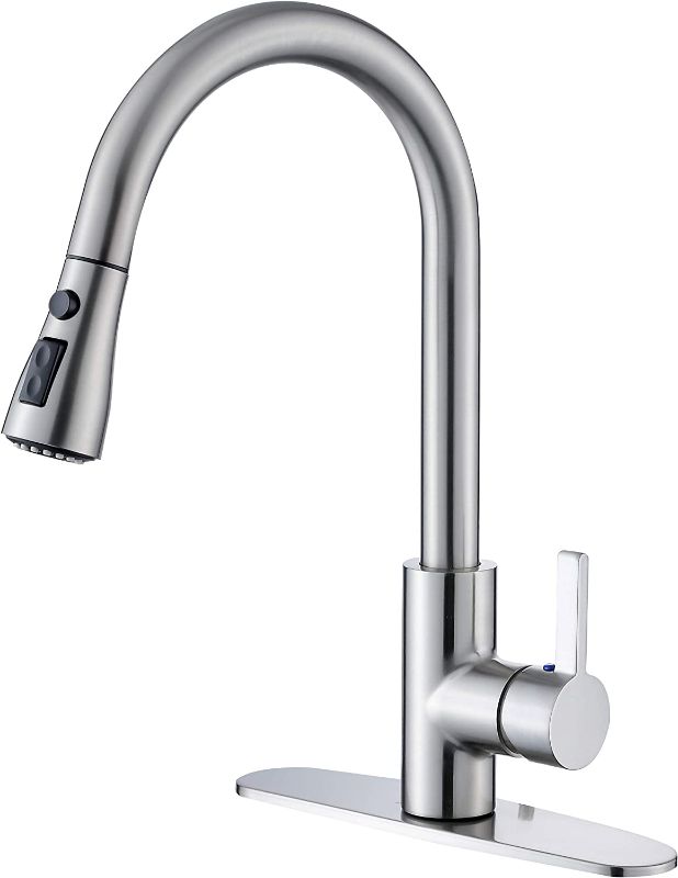 Photo 1 of Single Handle High Arc Pull Out Brushed Nickel Kitchen Faucet, Single Level Stainless Steel Kitchen Sink Faucets with Pull Down Sprayer