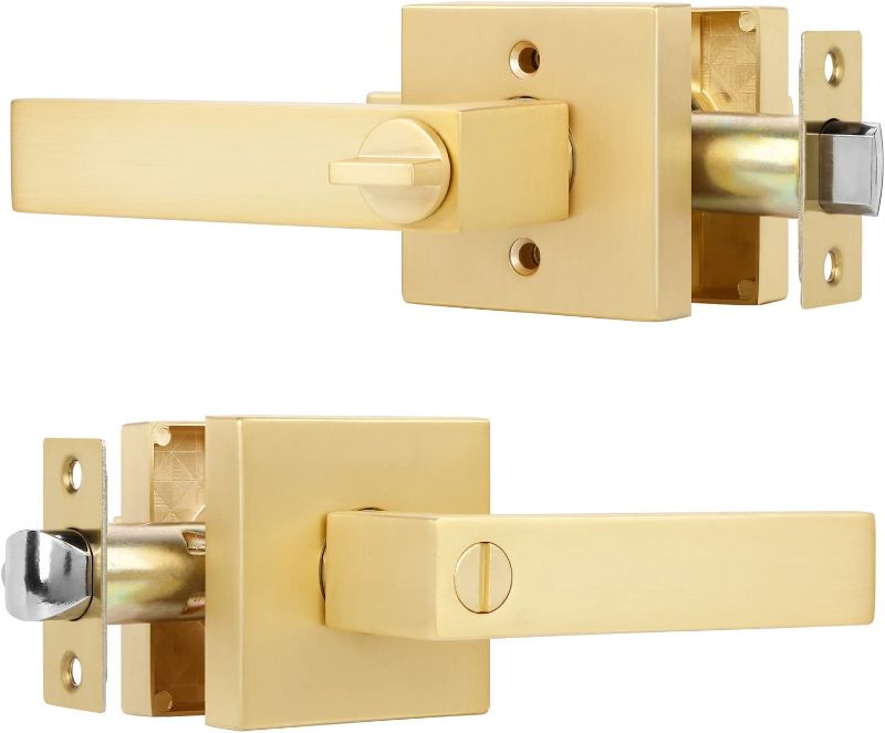 Photo 1 of 1 Pack Privacy Square Heavy Door Lock Keyless, Stain Brass Golden Bedroom/Bathroom Door Handles,Interior Door Knob Locked Inside with Turn Thumb Left/Right Handed Reversible
