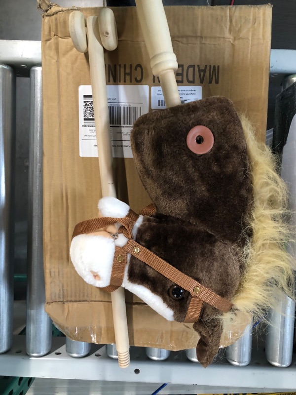 Photo 2 of HollyHOME Outdoor Stick Horse with Wood Wheels Real Pony Neighing and Galloping Sounds Plush Toy Dark Brown 36 Inches(AA Batteries Required)