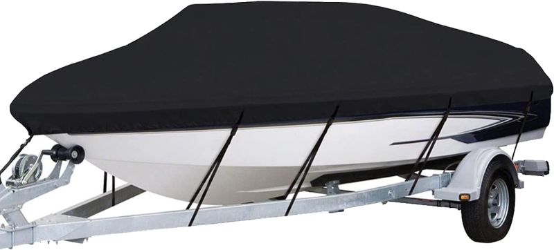 Photo 1 of Morhept Waterproof Boat Cover, Trailerable Boat Cover Heavy Duty Bass Boat Covers, All-Weather Mooring Cover Outdoor Protection Fits V-Hull, Tri-Hull, Runabout 300D Silver 20'-22' Long, Beam Width up to 100"