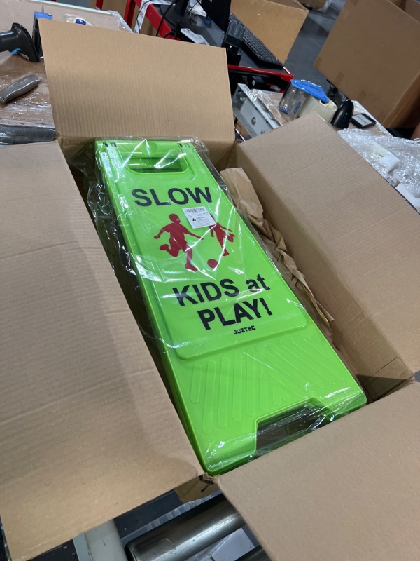 Photo 1 of Juztec Slow Children Playing Sign For Street, Caution Kids At Play Safety Sign, Down crossing traffic signs outdoor (3 Pack) Green
