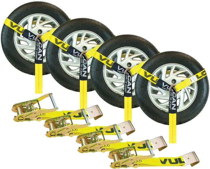 Photo 1 of 
VULCAN Car Tie Down with Flat Hooks - Lasso Style - 2 Inch x 96 Inch - 4 Pack - Classic Yellow - 3,300 Pound Safe Working Load