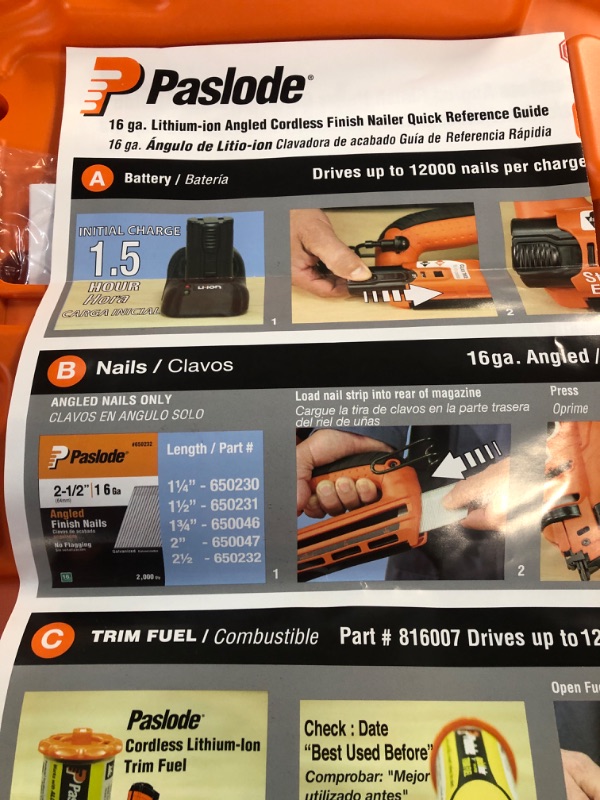 Photo 1 of Paslode, Cordless Finish Nailer,16 Gauge Angled, Battery and Fuel Cell Powered, No Compressor Needed